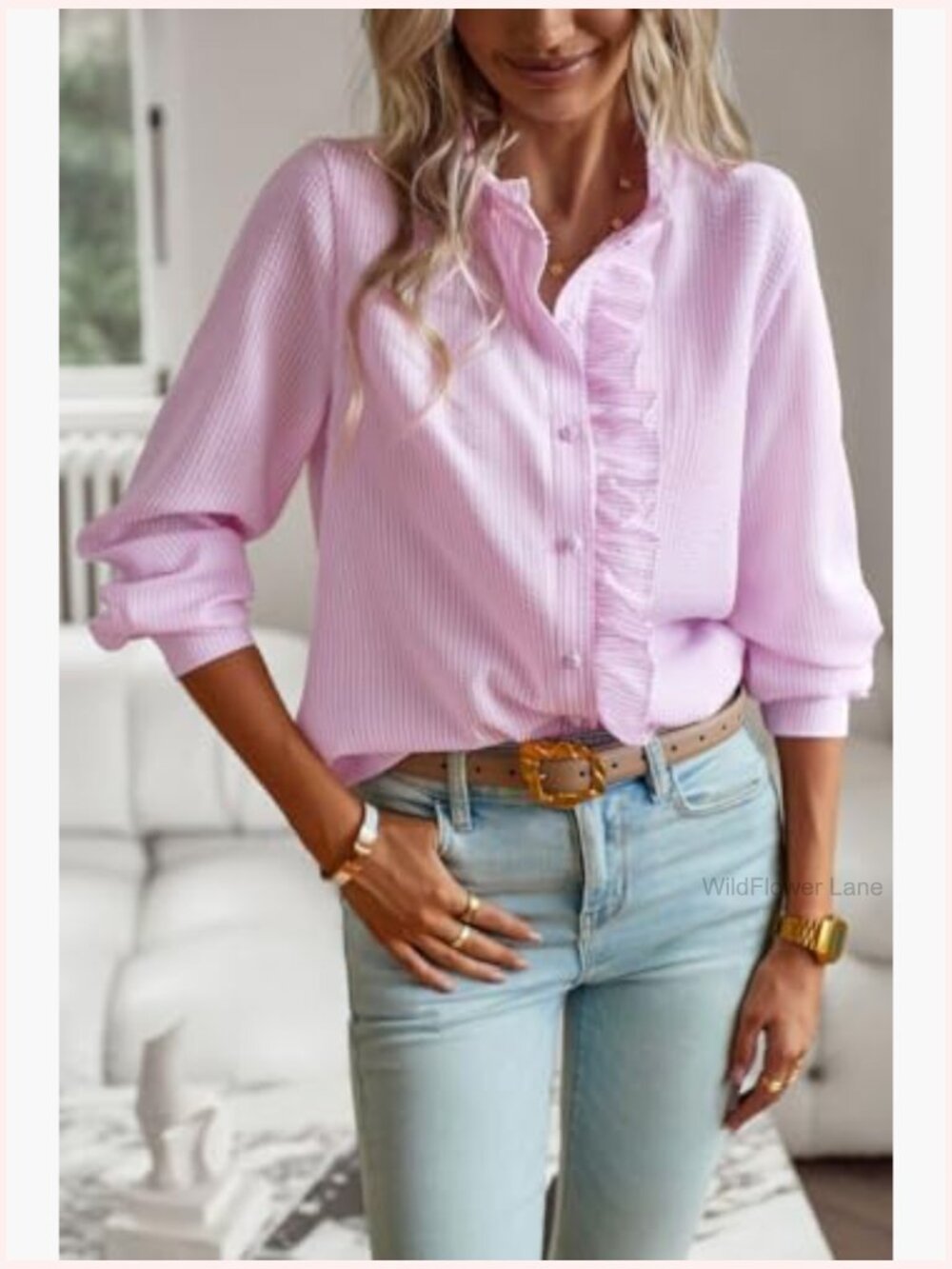 Ruffle Trim Button Up Long Sleeve Blouse Top Stand Collar Work Shirt - Picture 4 of 6